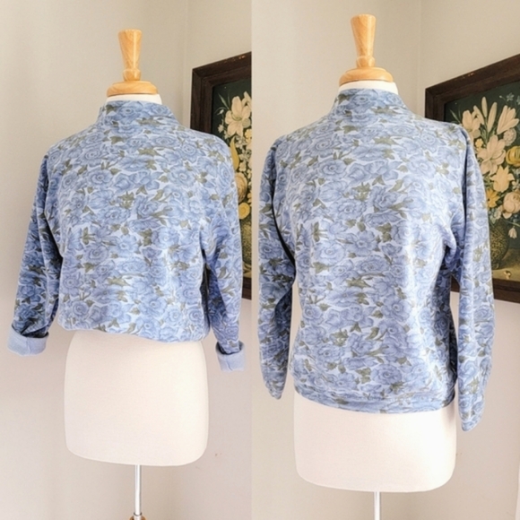 Vintage Sweaters - 90s Blue Floral Mock Neck 1990s Vintage Long Sleeve Floral Sweatshirt